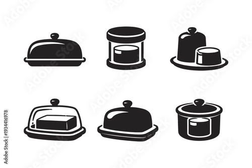 Collection of stylized butter dishes and food cloches in black and white vector art