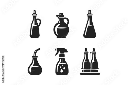 Collection of black icons representing various bottles for liquids like oil, vinegar, and cleaning solutions