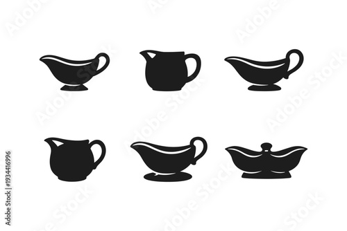 Collection of six black silhouette gravy boats and pitchers on a white background