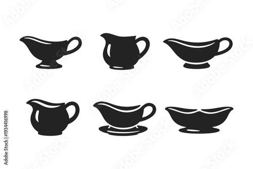 Collection of six different black gravy boat icons on a white background