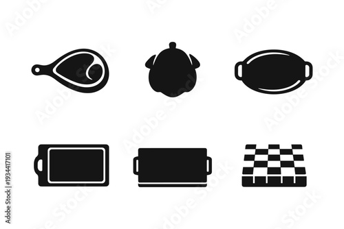 Collection of six black icons representing food and kitchenware on a white background