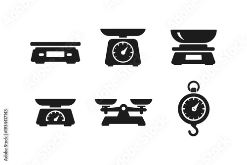 Collection of various weighing scales and balance icons in black silhouette on white background