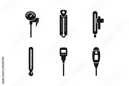 Collection of six different thermometer icons in black and white vector illustration