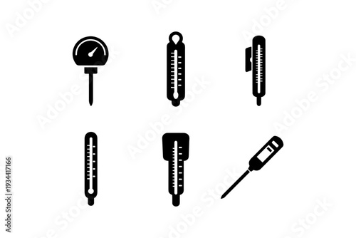 Collection of diverse thermometer icons representing different measurement tools and technologies