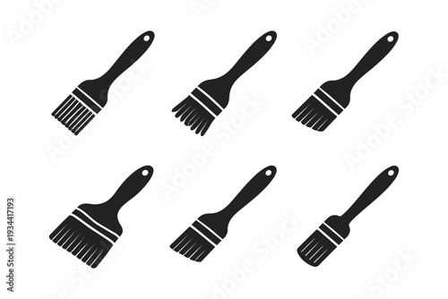 Set of six black paint brush icons on a white background, simple flat design