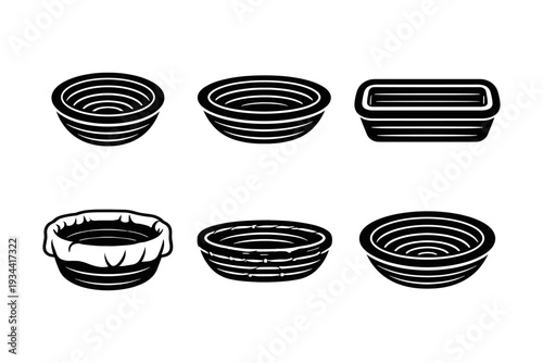 Collection of six different woven baskets and bowls in a simple black and white illustration