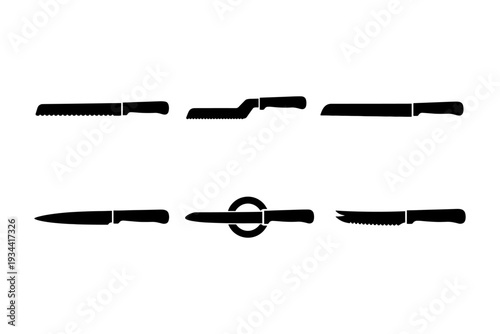 Collection of six different kitchen knife silhouettes on a white background