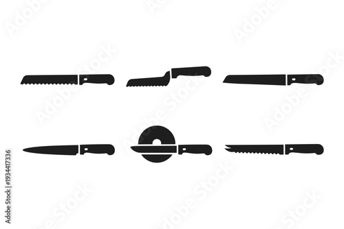Collection of six different kitchen knife silhouettes on a white background