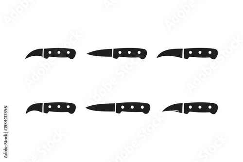 Collection of six different knife silhouettes with black handles and blades on a white background