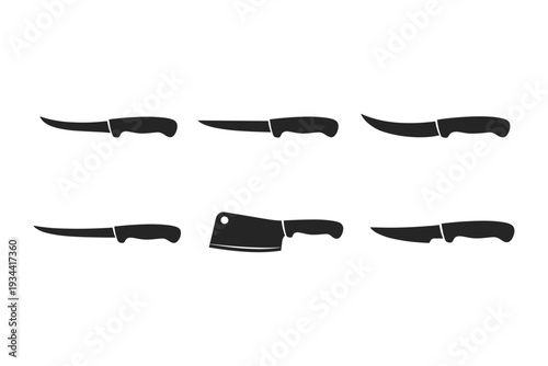 Collection of various kitchen and butcher knives in silhouette, isolated on white background