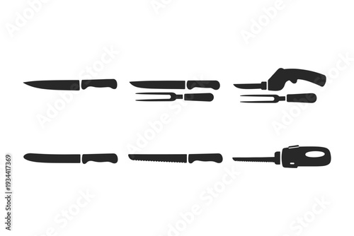 Collection of kitchen knives and carving fork silhouettes on a white background