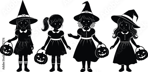 Set of black silhouettes featuring four young girls in witch hats carrying pumpkin lanterns for trick or treat Halloween celebration isolated on white background