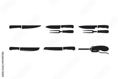 Collection of kitchen knives and carving fork silhouettes for culinary use