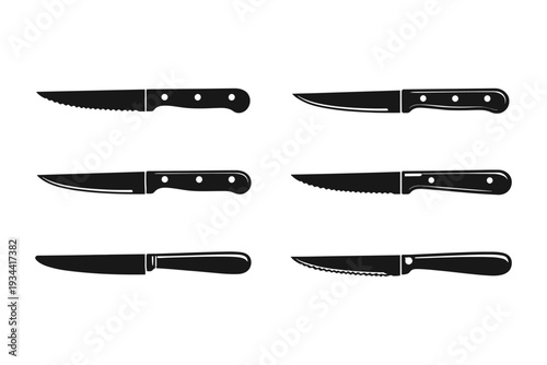 Collection of six black silhouette steak knives with serrated and smooth blades