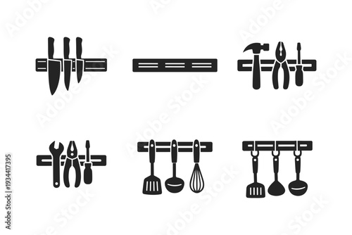 Various kitchen and tool icons represented in black silhouettes