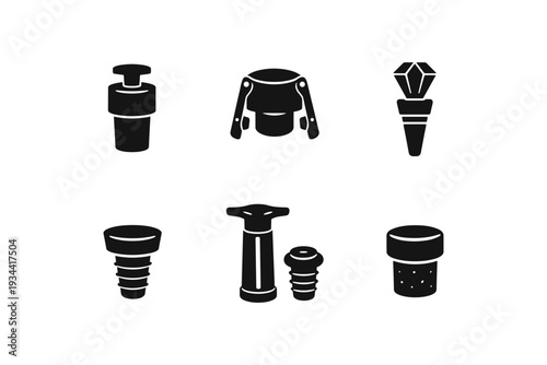 Collection of six different black icons representing various wine and champagne stoppers