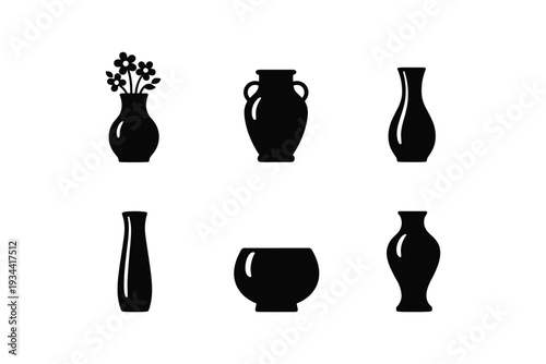 Collection of six distinct black vase silhouettes on a white background