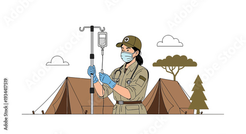 Medical Professional Administering IV Drip in Field Hospital Camp