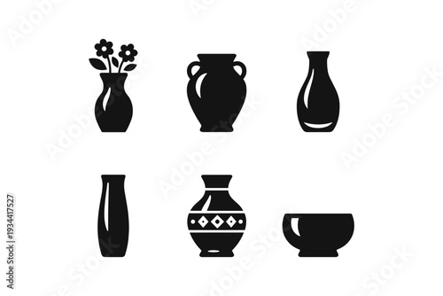 Collection of diverse black vase and pottery icons on a white background
