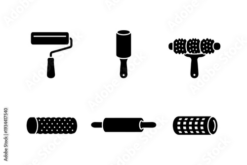 Collection of six different rollers including paint, lint, and dough rollers