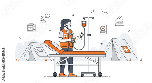 Medical Professional Administering IV Drip in Field Clinic Setting