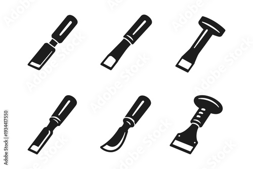 Collection of six different chisels and carving tools in a simple black and white graphic style