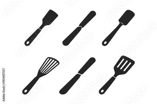 Collection of six different black spatula and turner icons on a white background