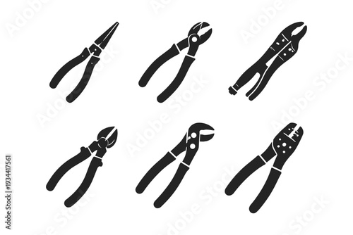 Collection of six different types of pliers and cutters in silhouette on a white background