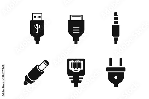 Collection of various electronic connector icons including USB, HDMI, audio jack, and power plug