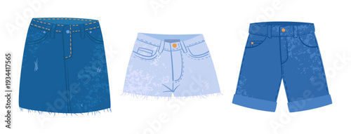 Denim clothes. Cartoon denim casual skirt and shorts, jeans garments flat vector illustration set. Jeans fabric clothing on white background