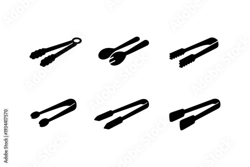 Collection of six different black silhouette icons of kitchen tongs and serving utensils