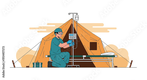 Medical Professional Administering IV Drip in Field Hospital Tent
