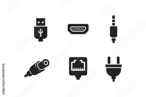Collection of common electronic connector icons including USB, HDMI, audio jack, and power plug