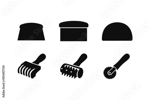 Collection of baking tools and bread shapes icons in black and white