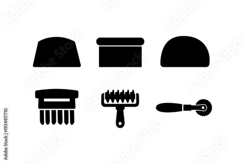 Collection of baking and pastry tools icons for dough preparation and shaping