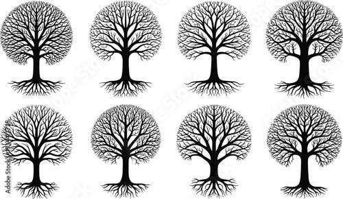 Set of eight black bare tree silhouettes with round crowns and intricate root systems isolated on white background for nature and environment concepts flat vector