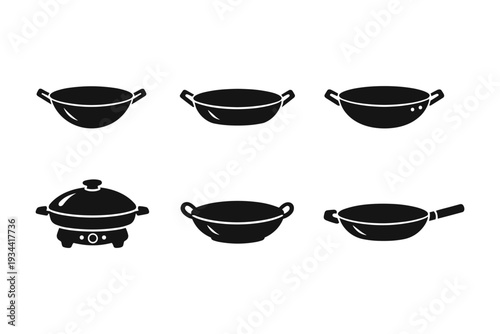 Variety of kitchen cookware in black silhouette design for culinary arts