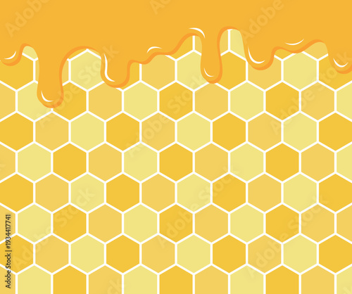 Honeycomb background with dripping golden honey. Abstract geometric yellow hexagon pattern and sweet syrup vector illustration for organic food branding and bee products.