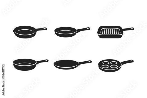 Collection of six different black frying pan icons on a white background