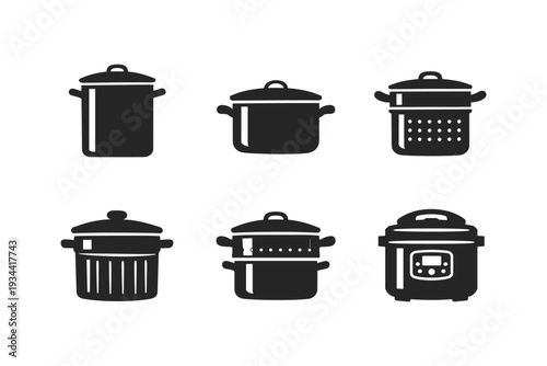 Collection of six different cooking pot and appliance icons in black silhouette