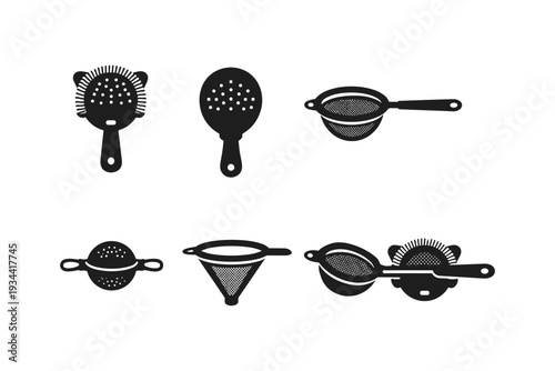 Collection of various kitchen strainers and sieves in silhouette for culinary use