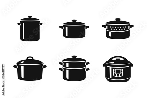 Collection of six different black cooking pot icons on a white background
