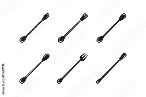 Collection of six bar spoons and cocktail utensils in black silhouette on white background