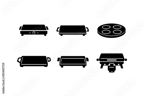 Collection of various electric and gas griddles and grills for cooking food
