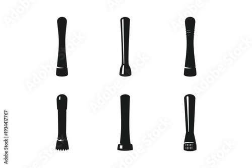 Collection of six different muddlers for cocktail preparation and bar tools