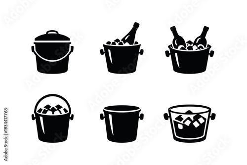 Collection of black and white icons representing various ice buckets and beverage coolers