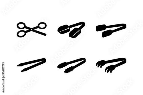 Collection of kitchen tongs and scissors icons in a simple black and white graphic style