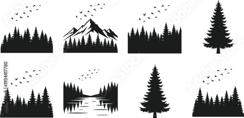 Set of nature landscape silhouettes featuring evergreen pine forests mountain peaks flying bird flocks and lake reflections isolated on white background flat vector