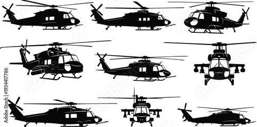 Set of nine black helicopter silhouette illustrations featuring military and transport aircraft designs in side and front views, aviation vector icons collection"