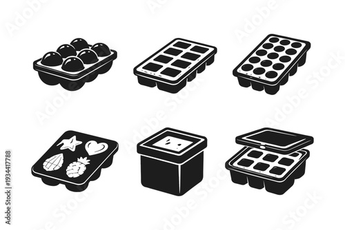 Collection of various ice cube trays and molds in a simple black and white graphic style